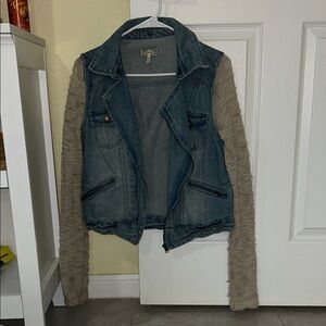 Kirra Blue Denim Jacket with Tan Knit Sleeves and detachable hood